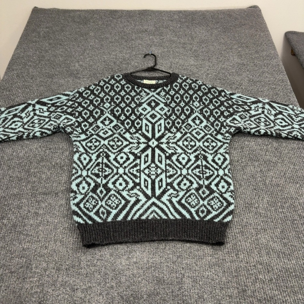Vintage Benetton Sweater Mens LGrey Aqua Shetland Wool Geometric Nordic Retro